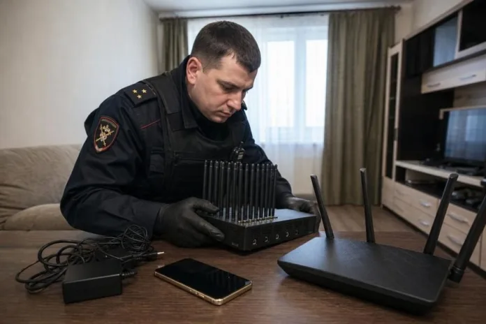 Мужчина в форменной одежде осматривает устройство с рядом металлических стержней за столом с роутером и проводами.