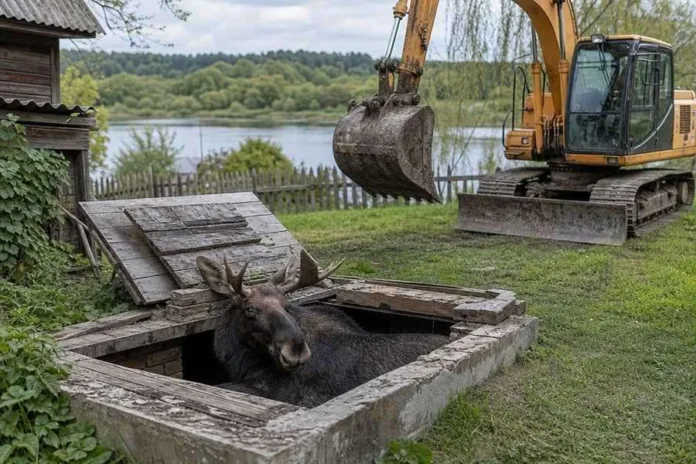 Лось стоит в деревянной яме во дворе; рядом припаркован экскаватор, за забором видна река.