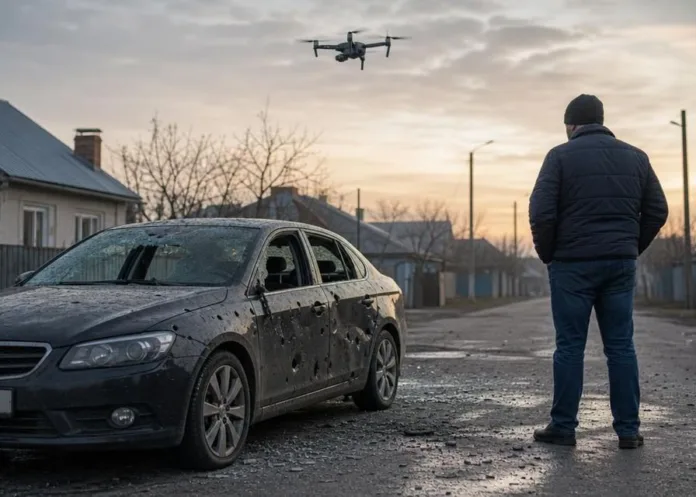 Мужчина стоит на улице рядом с повреждённым автомобилем, над ним летит беспилотник.