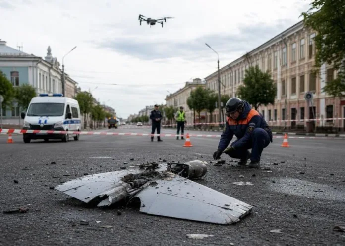 На перекрытой городской улице специалист осматривает обломки дрона; за лентой стоят люди и служебный автомобиль.