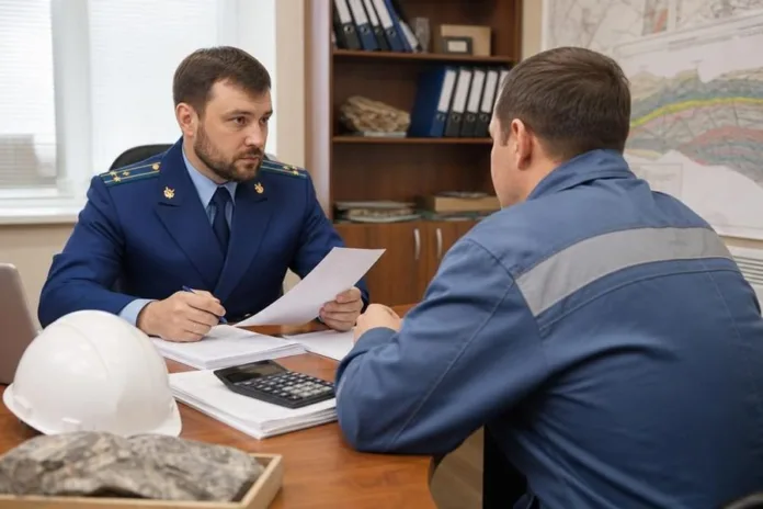 Мужчина в форме обсуждает бумаги с рабочим в синей куртке за столом в кабинете.