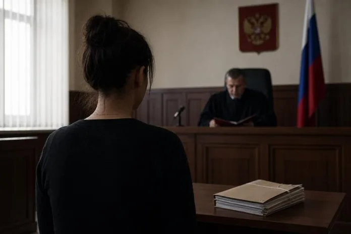 В зале суда женщина сидит спиной к зрителю, а судья за столом рассматривает документы.