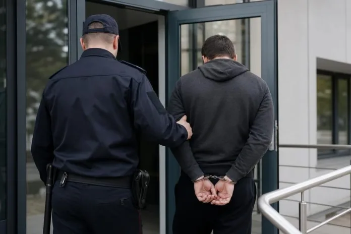 Полицейский сопровождает мужчину в наручниках к открытому входу в здание.