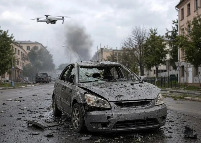 Повреждённый автомобиль стоит на замусоренной обломками городской улице, над ним летит беспилотник, вдали виден дым.