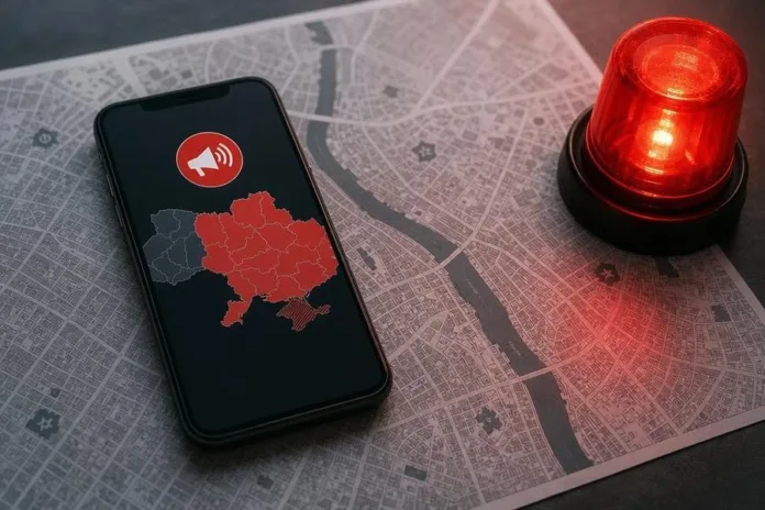 На бумажной карте лежит смартфон с пиктограммой громкоговорителя и цветной схемой регионов; рядом горит красная сигнальная лампа.