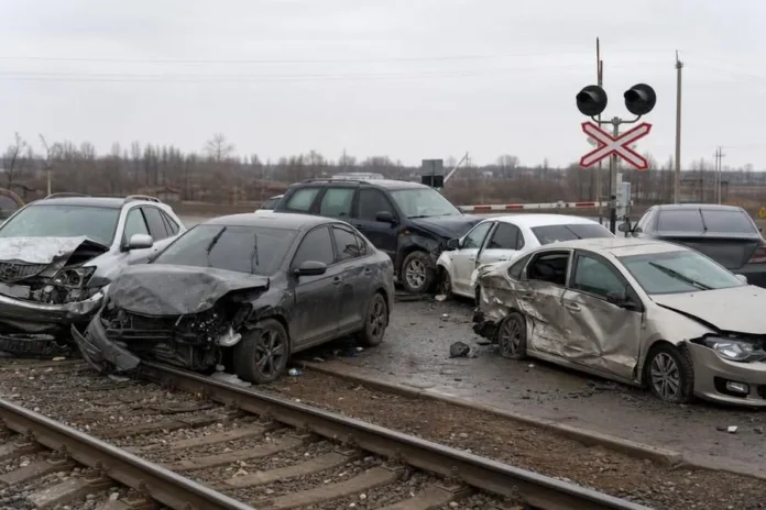 Несколько повреждённых автомобилей стоят рядом с железнодорожными путями и переездным сигналом.