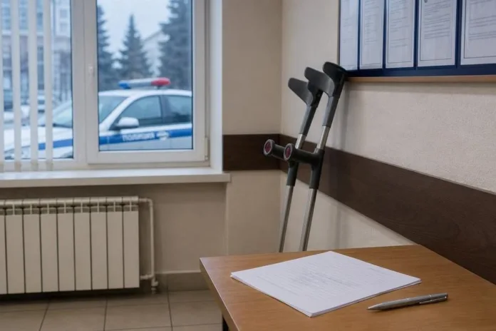 В комнате у окна стоят костыли; на столе лежат листы бумаги и ручка, за окном виден полицейский автомобиль.