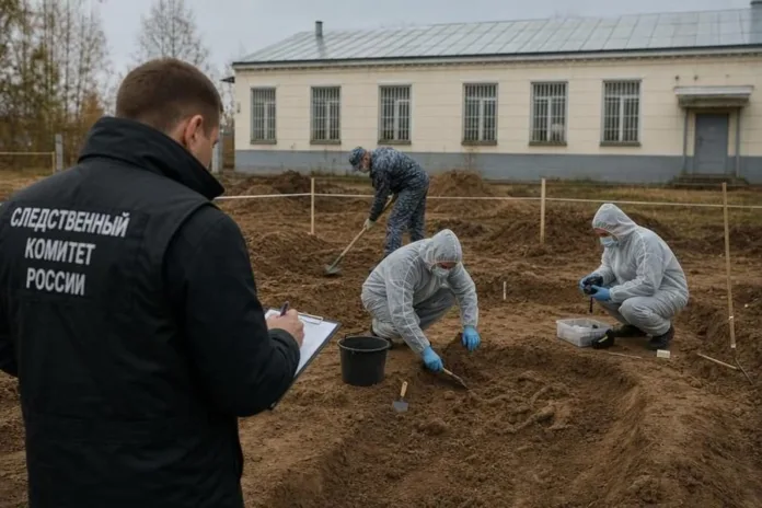На огороженном участке несколько специалистов в защитных костюмах исследуют раскоп, а мужчина с планшетом наблюдает за работой.
