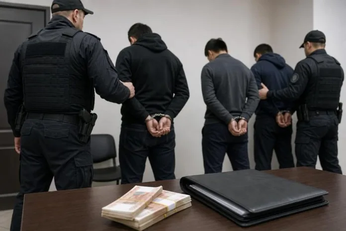 В помещении полицейские стоят рядом с мужчинами в наручниках; на столе лежат пачки денег и папка.