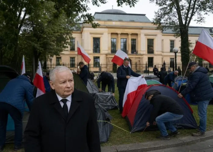 Мужчина в чёрном пальто стоит на переднем плане у палаточного лагеря с польскими флагами; на заднем плане — здание за оградой.