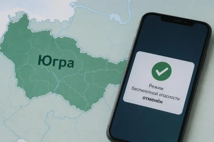 На карте Югры рядом лежит смартфон с уведомлением об отмене режима беспилотной опасности.