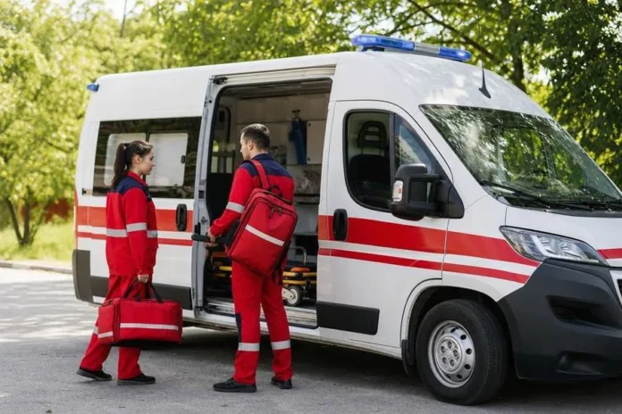 Два медика в красной форме стоят у открытой двери машины скорой помощи; один держит медицинскую сумку.