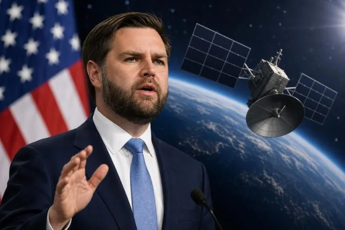 Мужчина в костюме выступает у микрофона на фоне флага США, Земли из космоса и спутника.