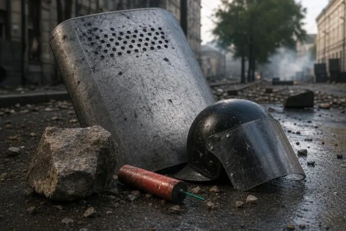 На мокрой улице среди обломков лежат металлический щит, шлем, дубинка и крупный камень.