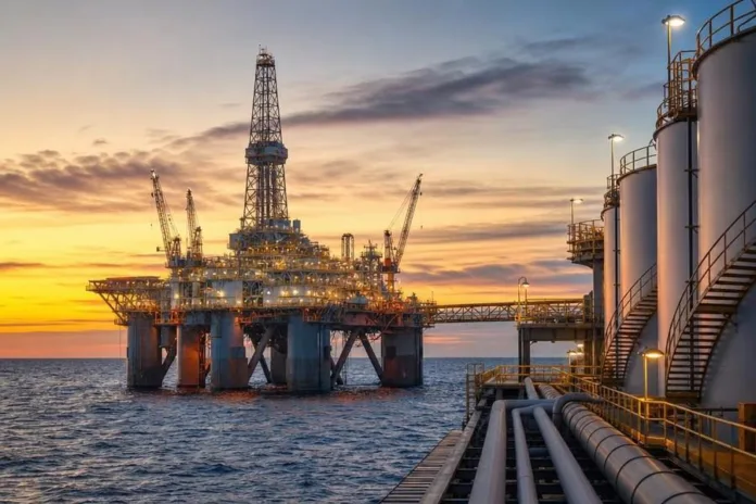 Морская нефтяная платформа и трубопроводы на фоне закатного неба.