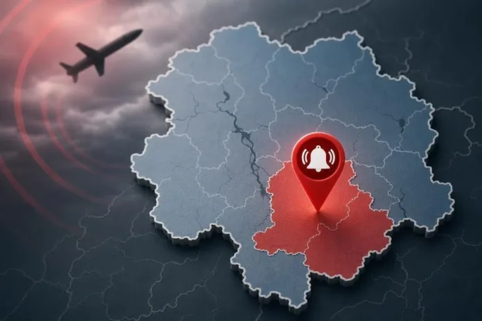 На стилизованной карте регион выделен красным и отмечен указателем с символом звонка; рядом изображён силуэт самолёта.