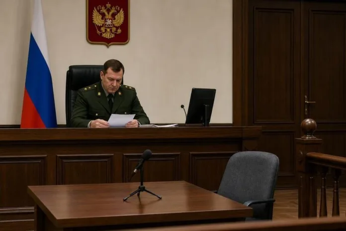 Мужчина в форменной одежде сидит за судебной скамьёй и читает документ; перед ним стоят стол и микрофон.