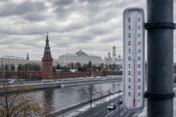 На переднем плане уличный термометр, на фоне — Кремль, река и набережная под пасмурным небом.