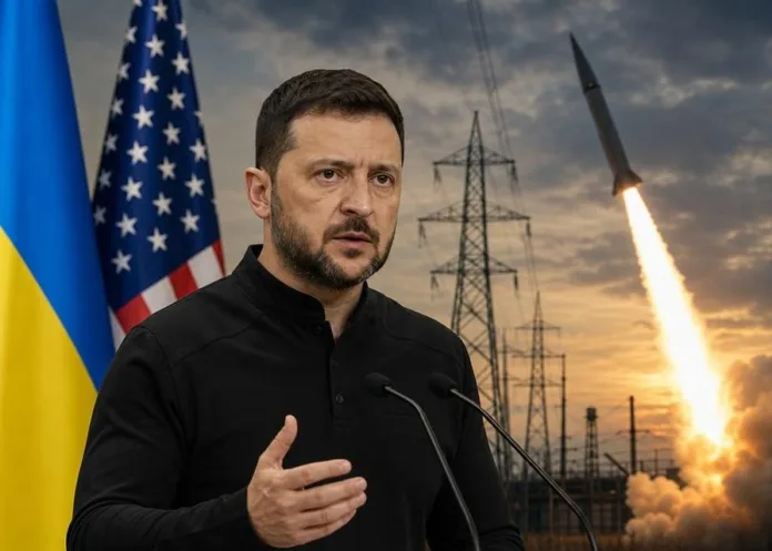Владимир Зеленский выступает у микрофонов на фоне флагов Украины и США, линий электропередачи и взлетающей ракеты.