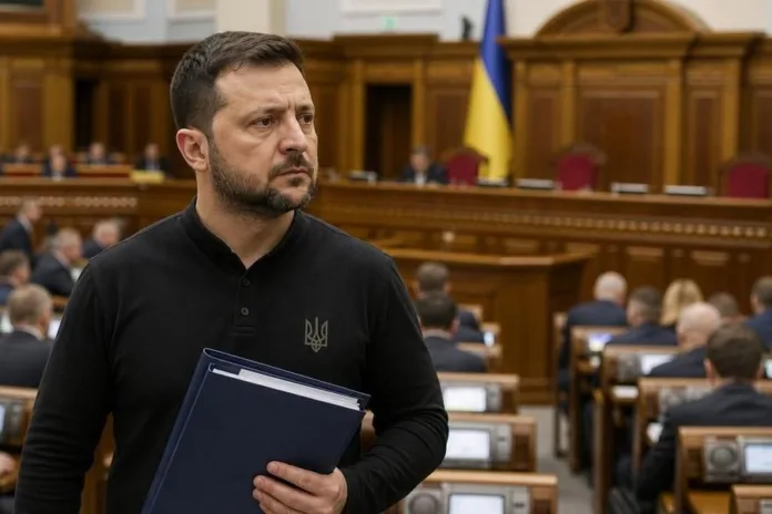 Мужчина в чёрной одежде с папкой стоит в зале заседаний, где видны депутаты и украинский флаг.