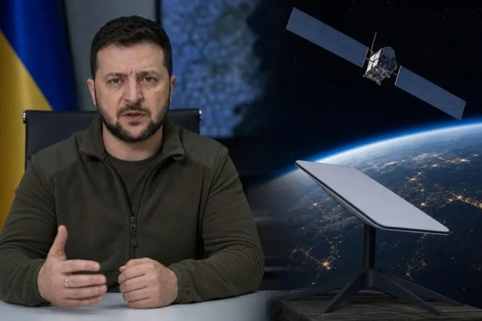 Владимир Зеленский сидит за столом на фоне украинского флага; справа показаны спутник на орбите и наземная антенна.