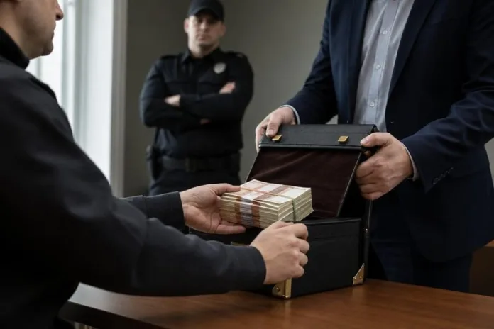 Мужчина передаёт пачки банкнот человеку с открытым кейсом; на заднем плане стоит охранник.