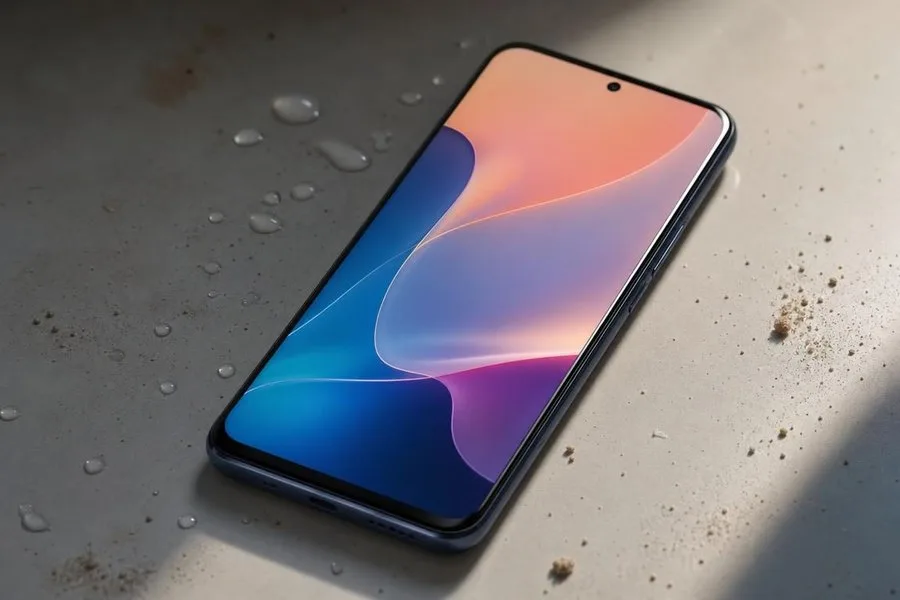 Смартфон с ярким AMOLED-экраном рядом с каплями воды, иллюстрация защиты корпуса IP66
