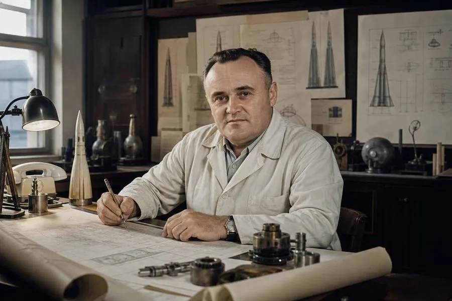 Сергей Королёв в рабочей обстановке 1930-х годов рядом с чертежами ракет