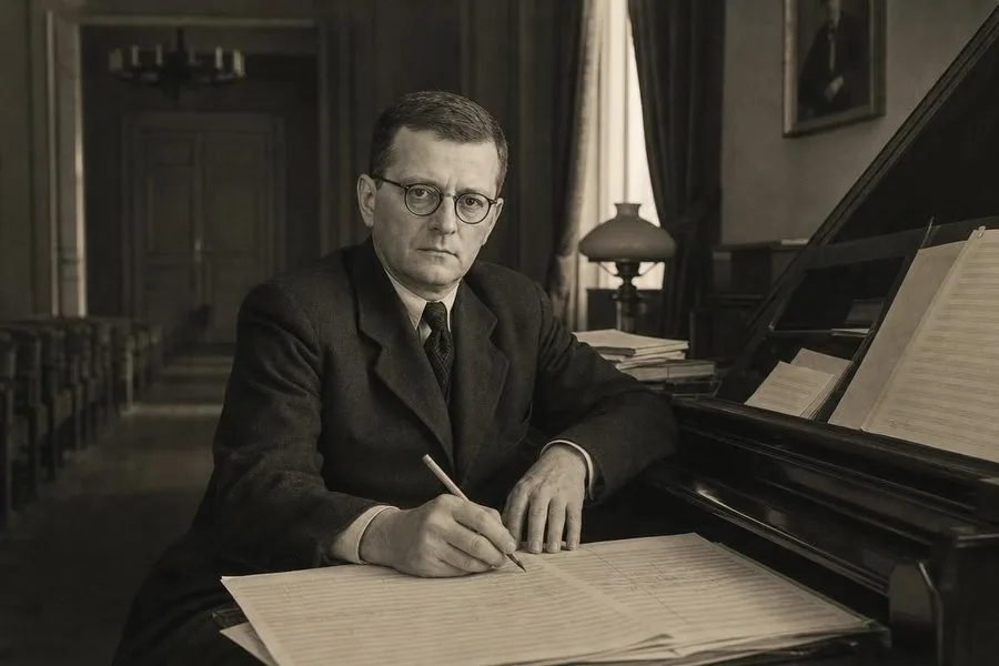 Дмитрий Шостакович у рояля с рукописью в 1948 году, образ публичной осторожности и личного музыкального протеста