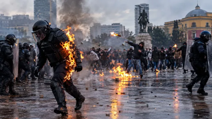 В Албании протестующие подожгли полицейского «коктейлем Молотова»